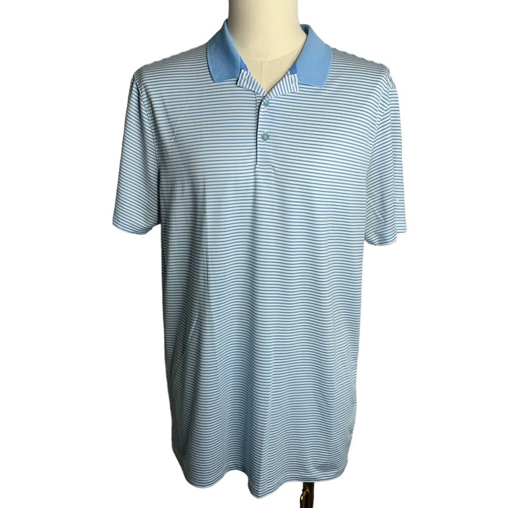 Nike Golf Short Sleeve Polo Shirt L Blue Striped Collar Buttons Dri Fit Knit